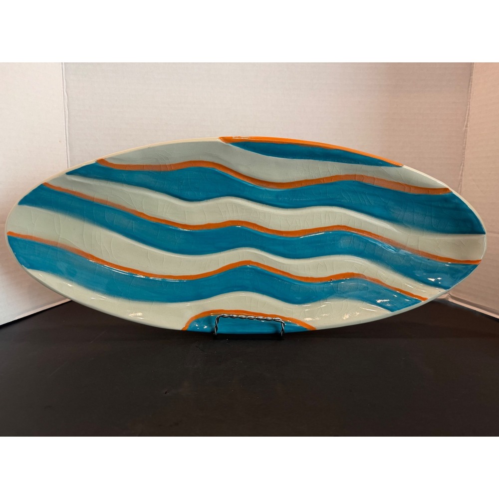 Ceramic Oval Platter Wavy Blue Orange Crackle Glaze